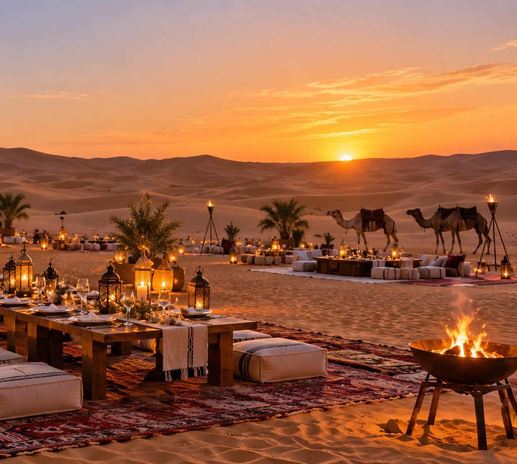 Dîner dressé sous tente dans le Sahara tunisien au coucher du soleil