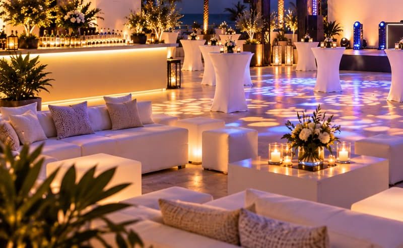 Salon lounge et bougies installés pour une réception en extérieur